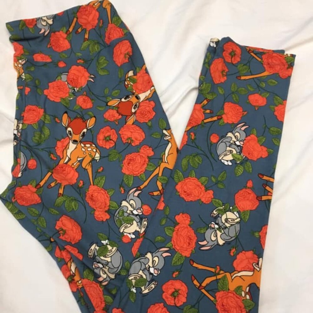 Disney OS One Size Leggings LulaRoe Bambi Thumper Pink Roses Blue Background